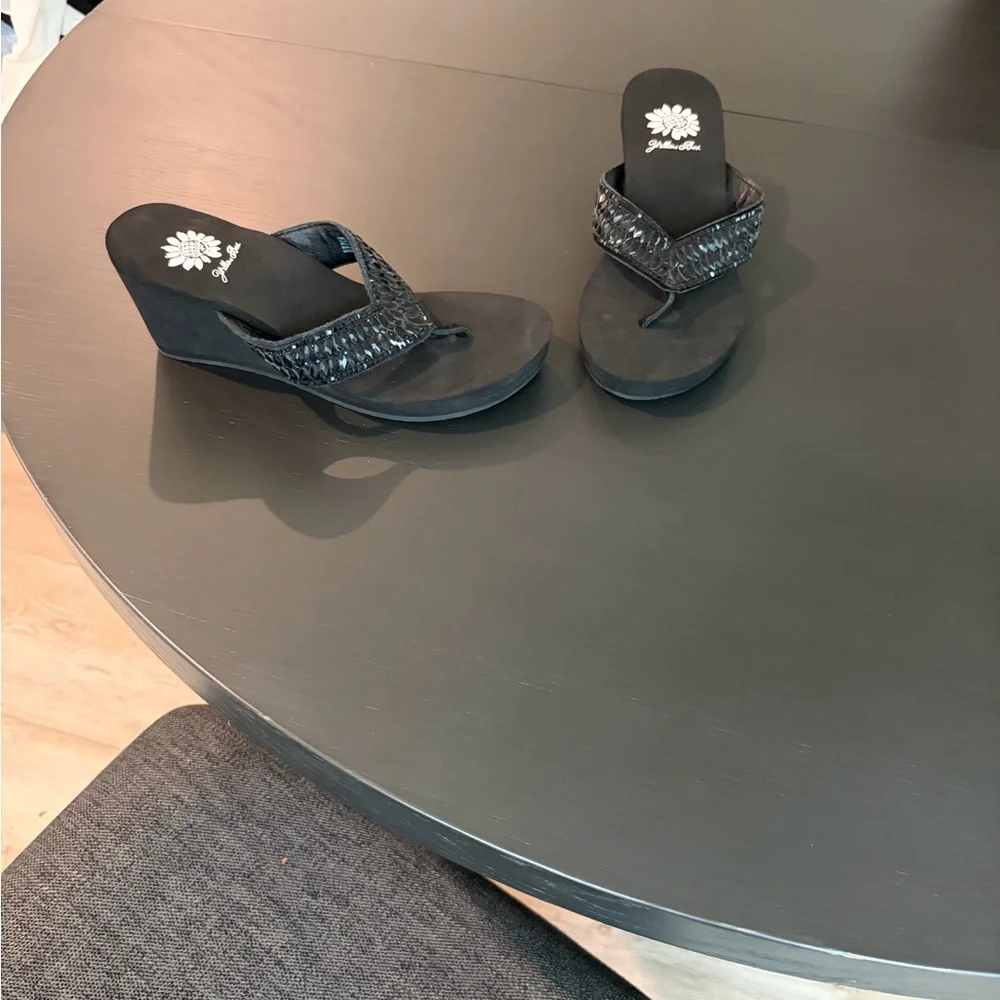 Yellow box wedge flip flops